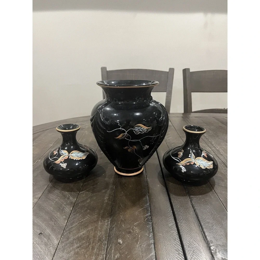Fenton Autumn On Black Vase‎ Candle Holders Set Console Fall Leaves Hand Painted